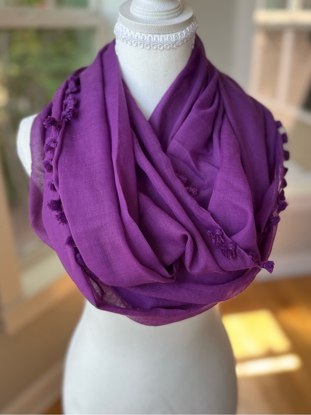 World Market Violet Purple Tassel Pom Infinity Scarf